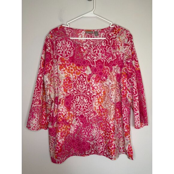 CHICO'S Colorful Tunic Womens XL (3) PInk Orange Floral 3/4 Slv Flowy - Picture 1 of 6